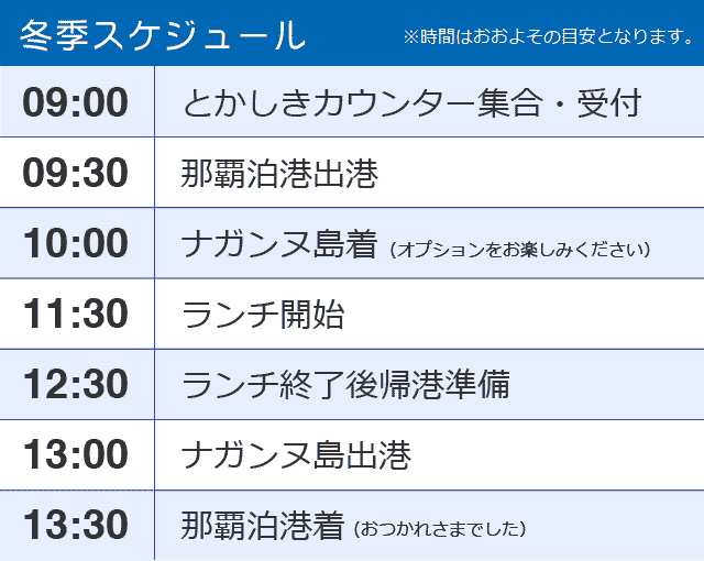 ナガンヌ島上陸半日ツアー冬季スケジュール